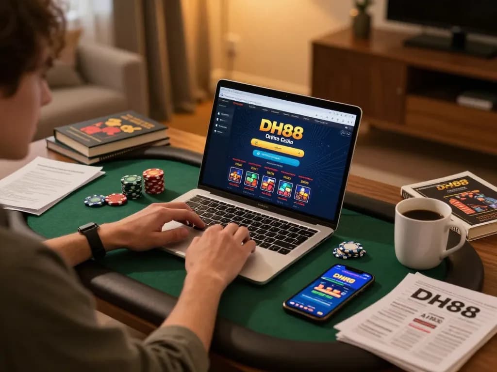 Engaged player using the DH88 casino platform on laptop with poker chips and engaging atmosphere.