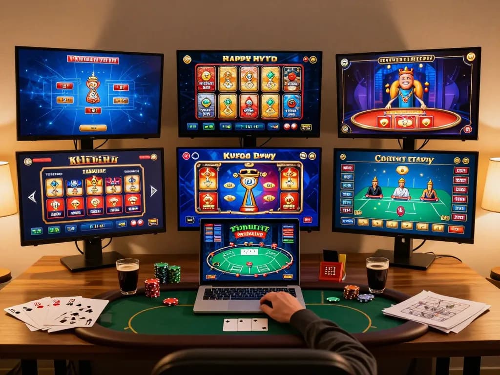 Engaging in online casino gaming at https://n188.build/ with multiple virtual games displayed on screens.