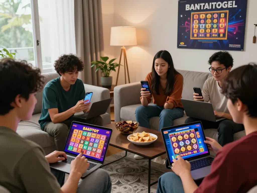 A diverse group enjoying a thrilling BANTAITOGEL online gambling experience with colorful lottery games and modern devices in a cozy setting.