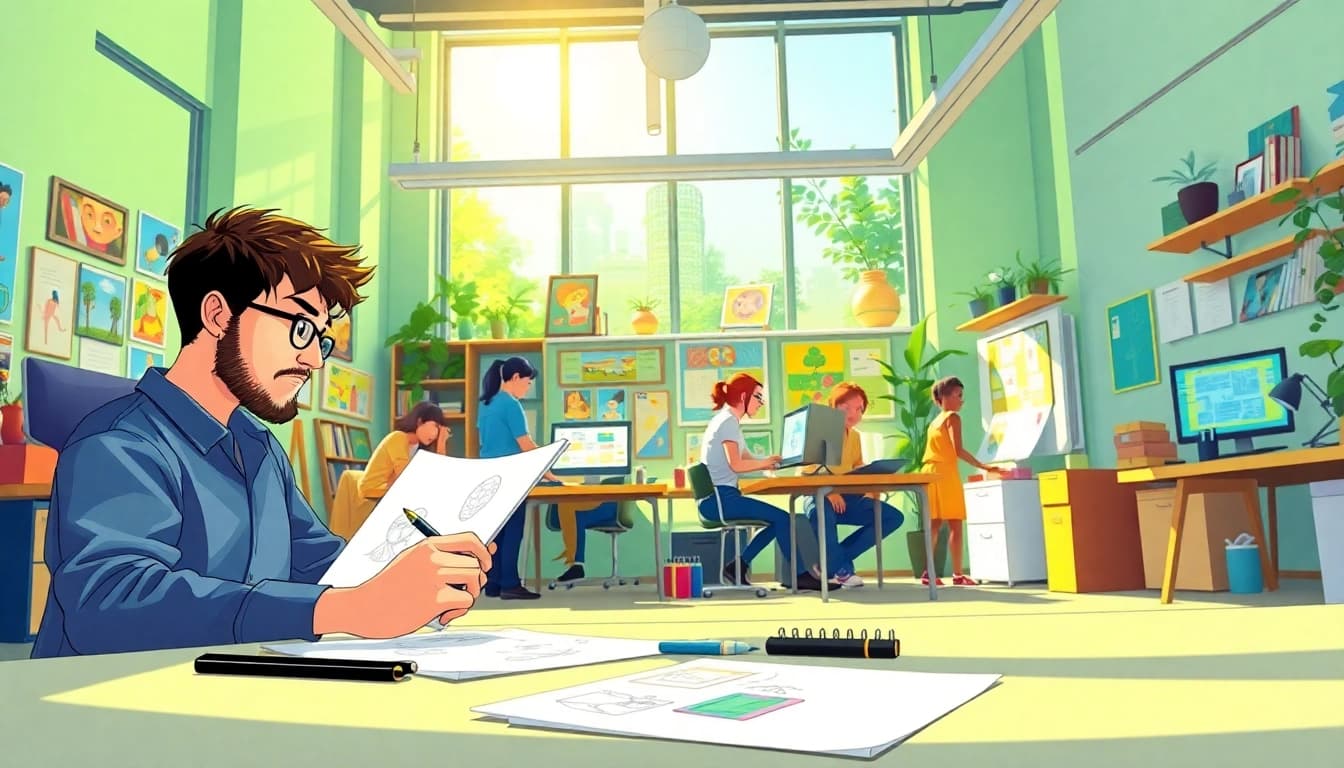 Kreative Atmosphäre im Animation Studio Berlin mit Künstlern bei der Arbeit.