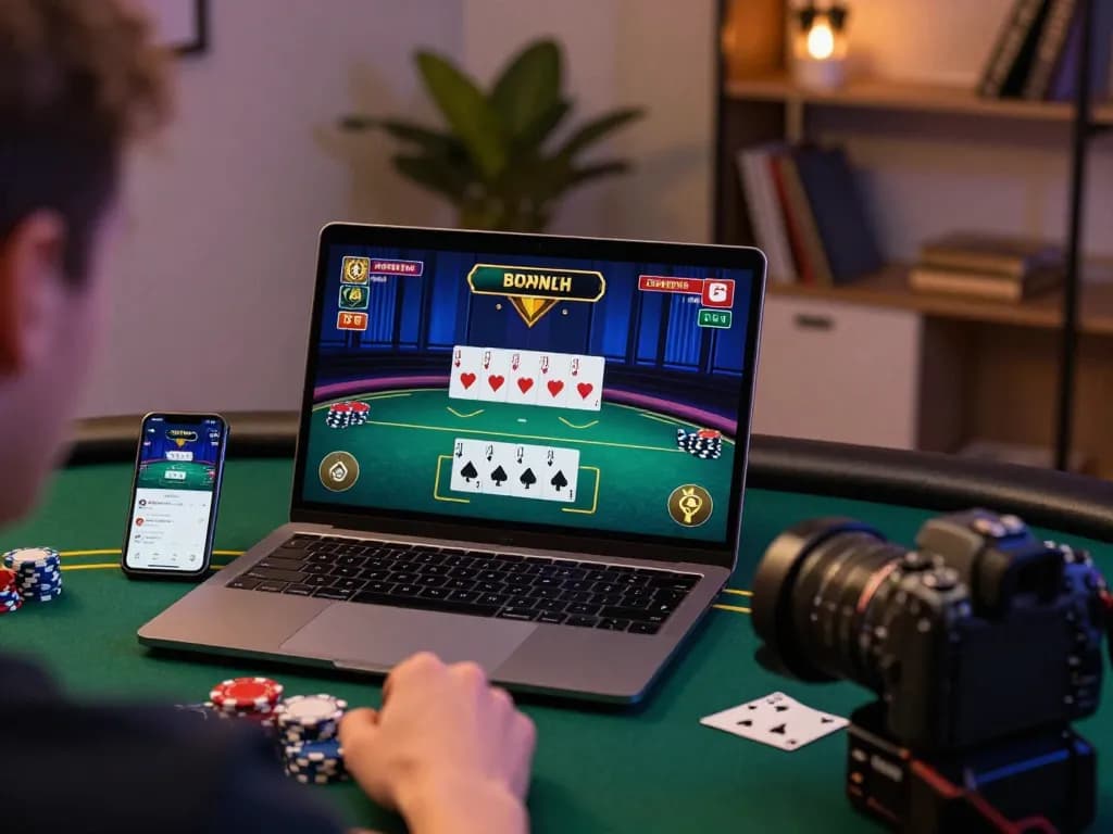 Active player managing vipwin online poker game on laptop with strategic focus and cozy ambiance.