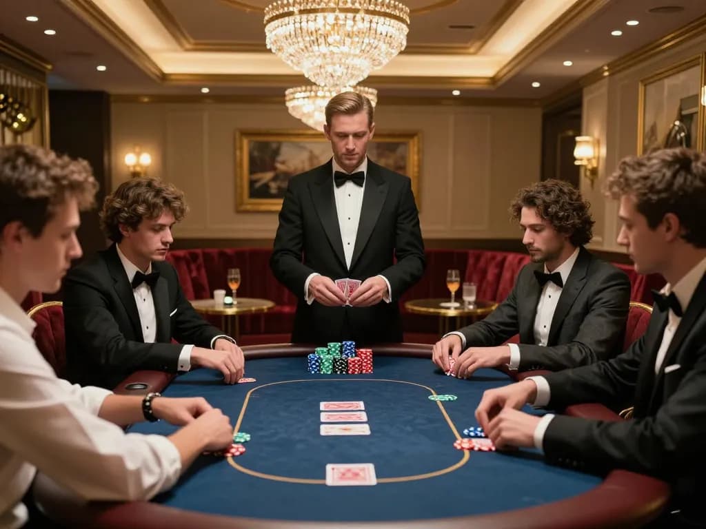 High-stakes poker game at 32win's VIP room with players and dealer showcasing intense gameplay.