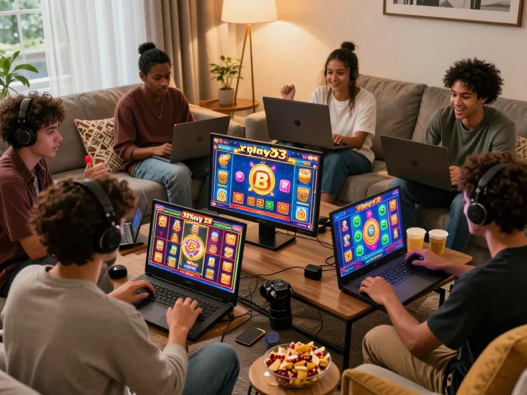 Excited players celebrating xpay33 bonuses while enjoying online slots in a cozy setting.