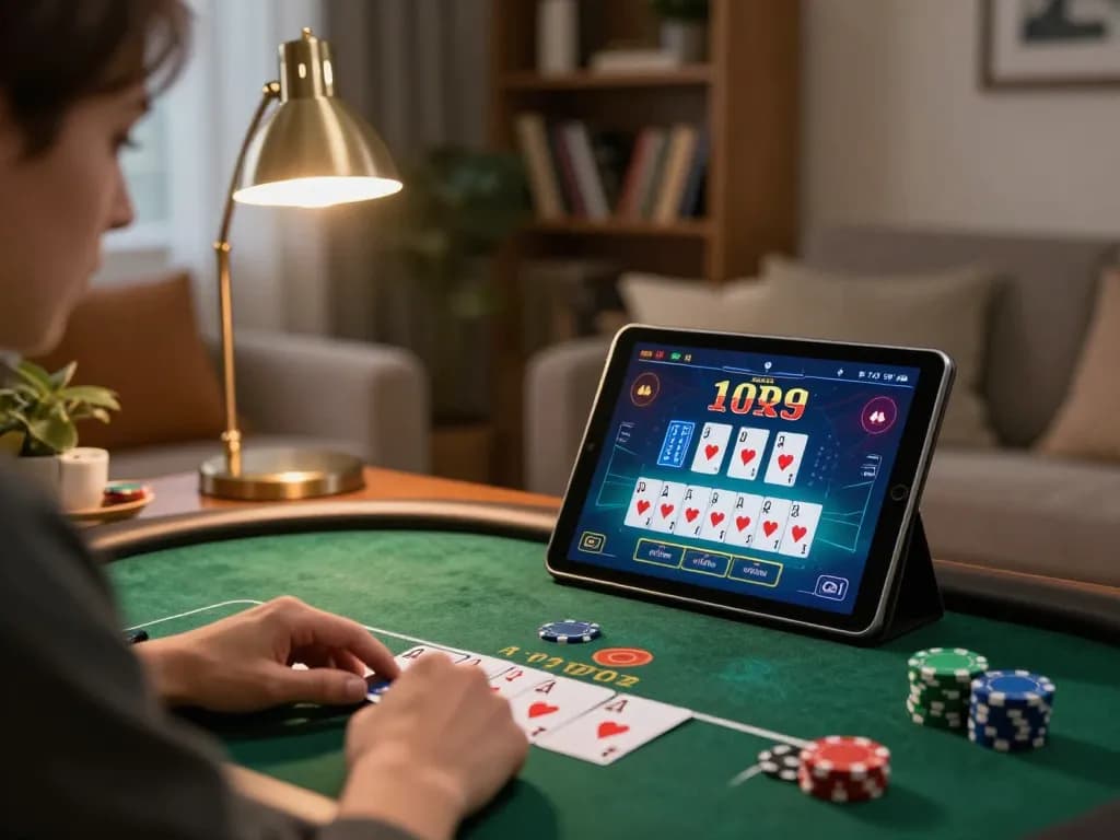 Engaged player enjoying tg88 online casino gaming on tablet with poker game interface visible