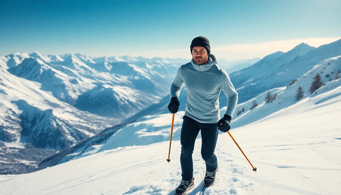 Skier in merino wool base layers for skiing gliding down an alpine slope.