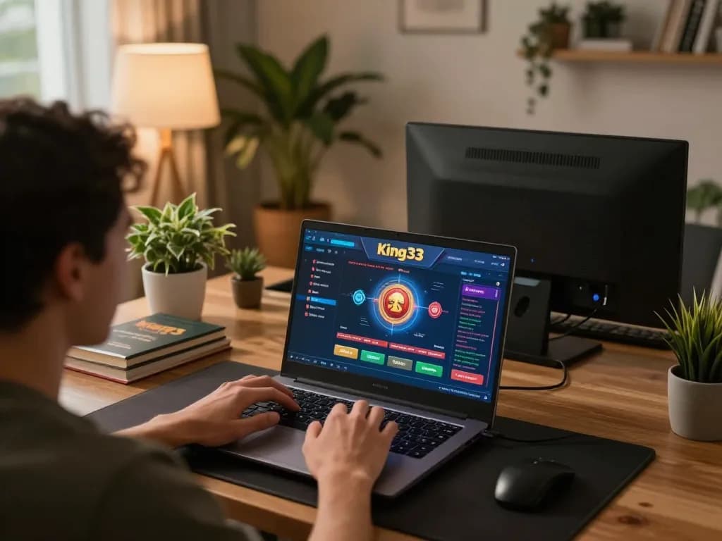 Player engaging in king33 online gambling at home, utilizing laptop for interactive gaming experience