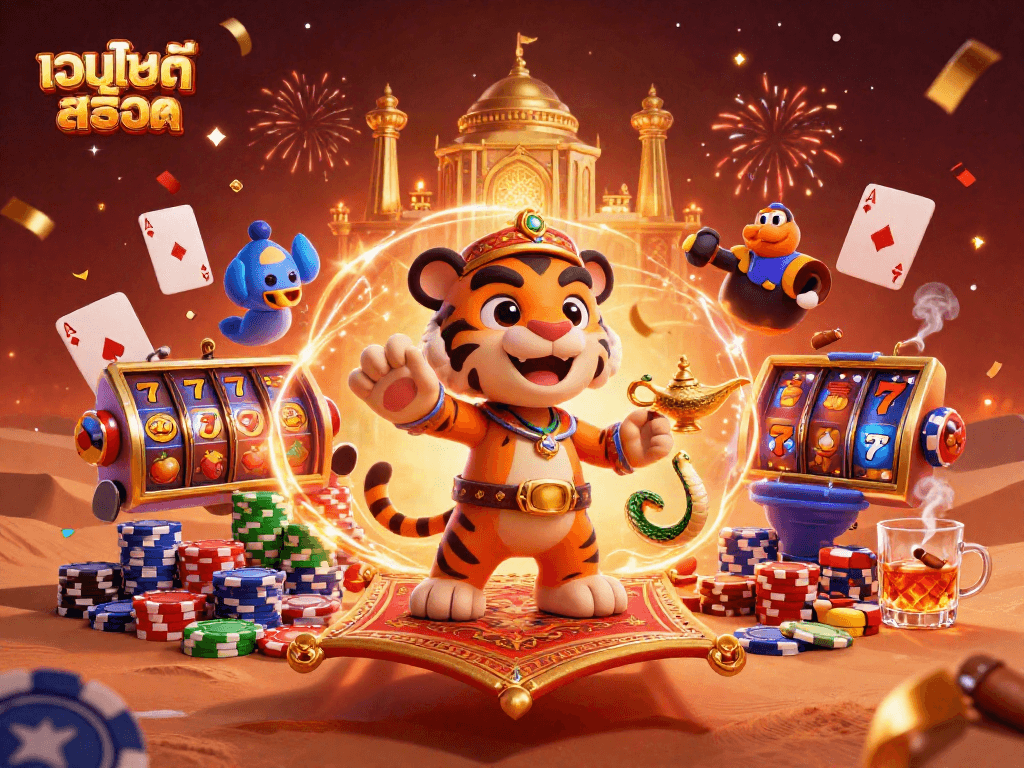 Experience thrilling wins at เว็บไซต์สล็อต with a vibrant scene of a tiger sultan and dynamic slot game elements.