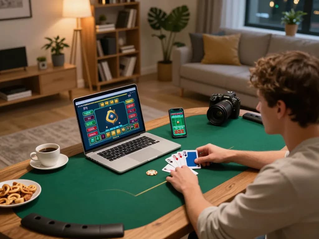 Player engaged in poker on laptop at home, highlighting atq com for online gambling strategies and fun