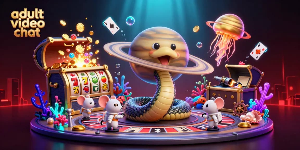 Engage in adult video chat with animated characters playing roulette amid cosmic themes.