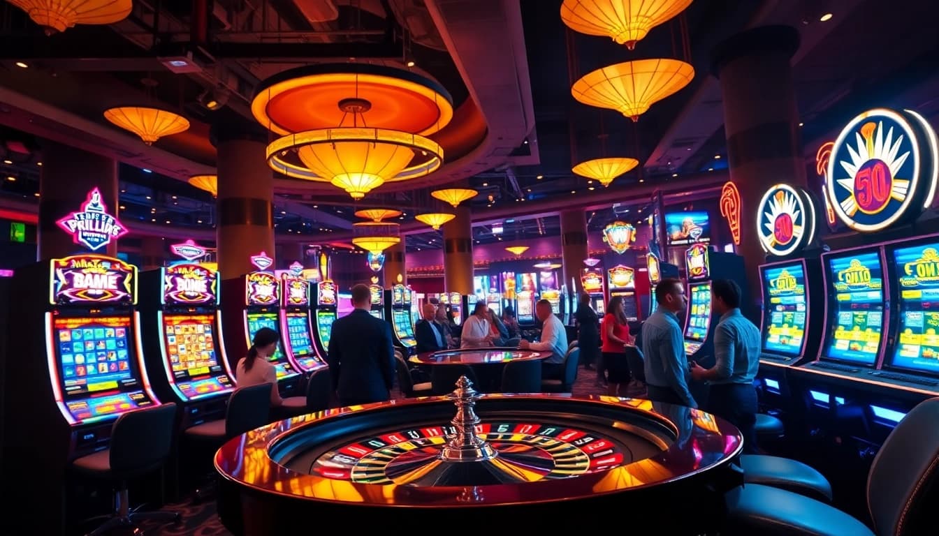 Menang dengan interwin di kasino dengan mesin slot dan meja roulette yang ramai.