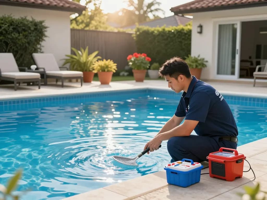 Dolphin Pool Services technician inspecting a residential pool, ensuring quality maintenance.