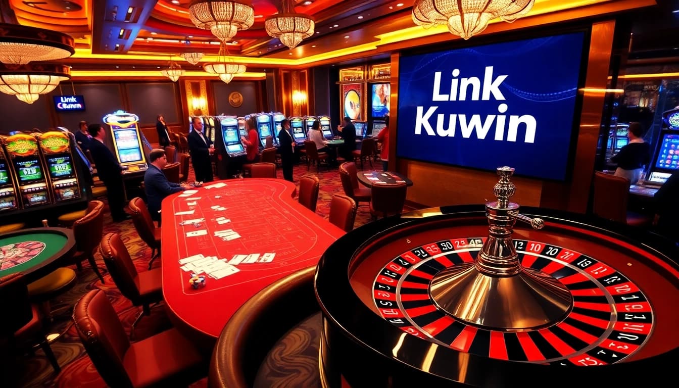 Engaging casino scene featuring Link Kuwin with players at poker tables and colorful slot machines.
