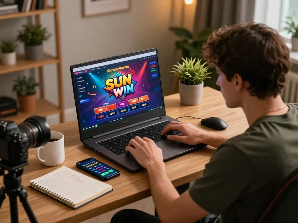 Player enjoying an exciting online gaming session on Sun Win platform, demonstrating strategic gambling at home.