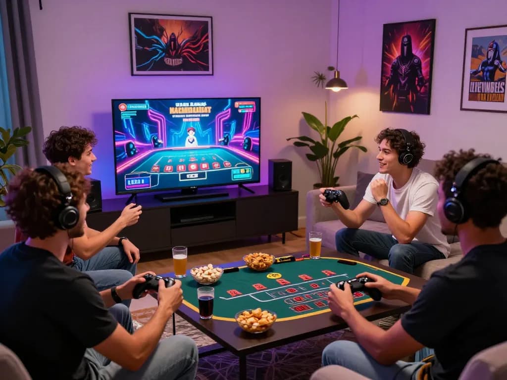 Excited players enjoying an online 바카라사이트 tournament in a lively living room setting.