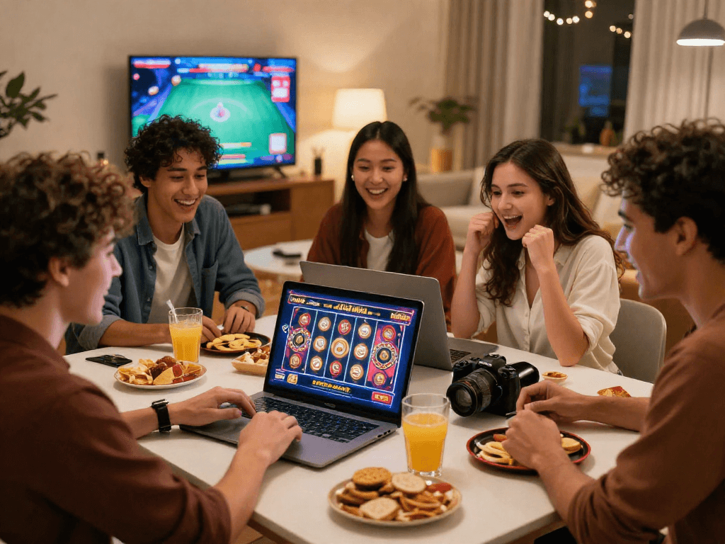 Group enjoying judi casino online games together in a cozy setting.