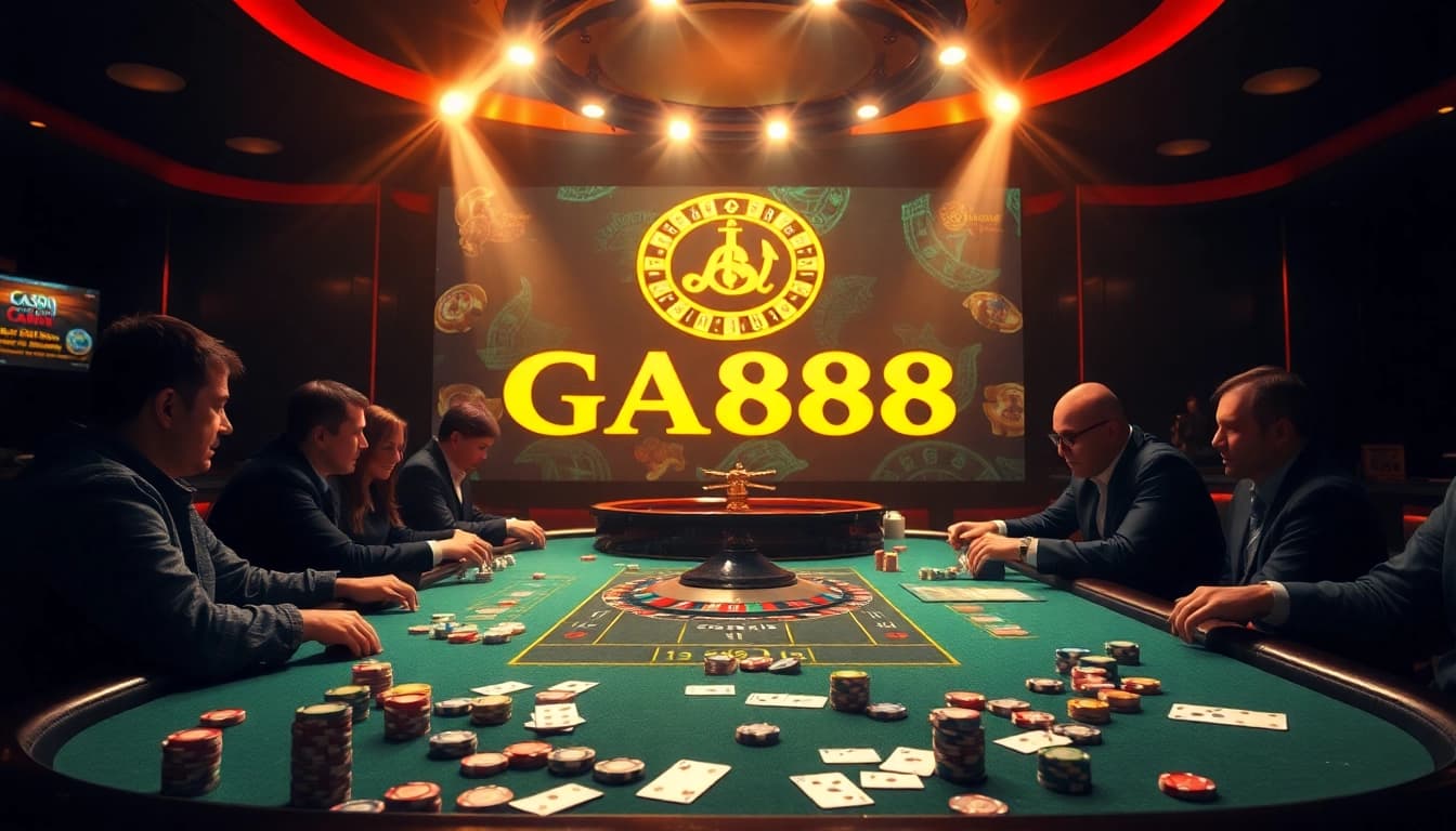 Exciting gambling action at GA888 casino with colorful poker chips and cards on display.