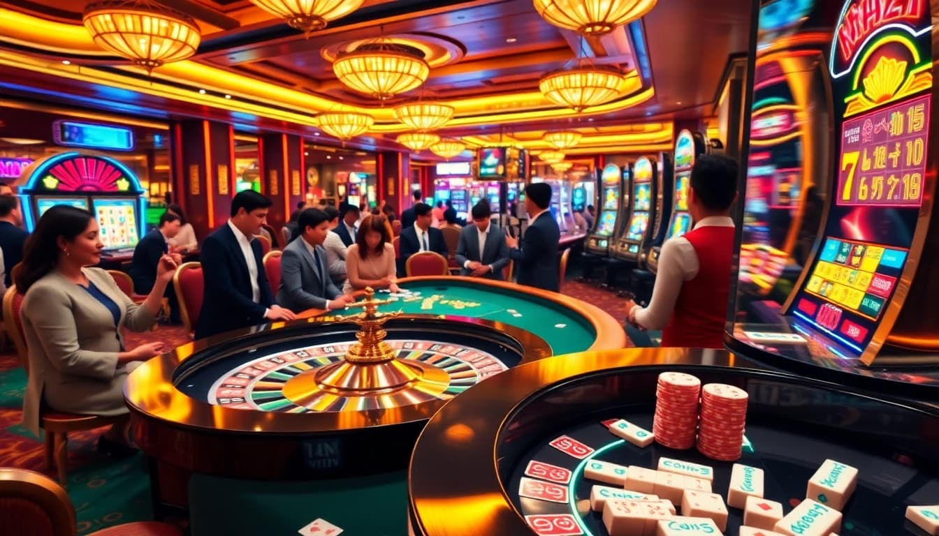 Exciting casino scene with players engaging in link mahjong and classic table games while celebrating their wins.
