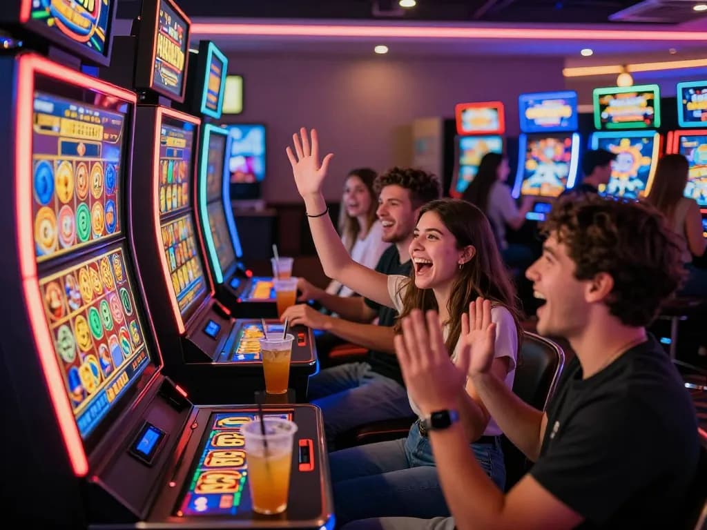 Excited friends celebrating a big win at VEGASSLOT77 online casino with colorful slot machines in the background.