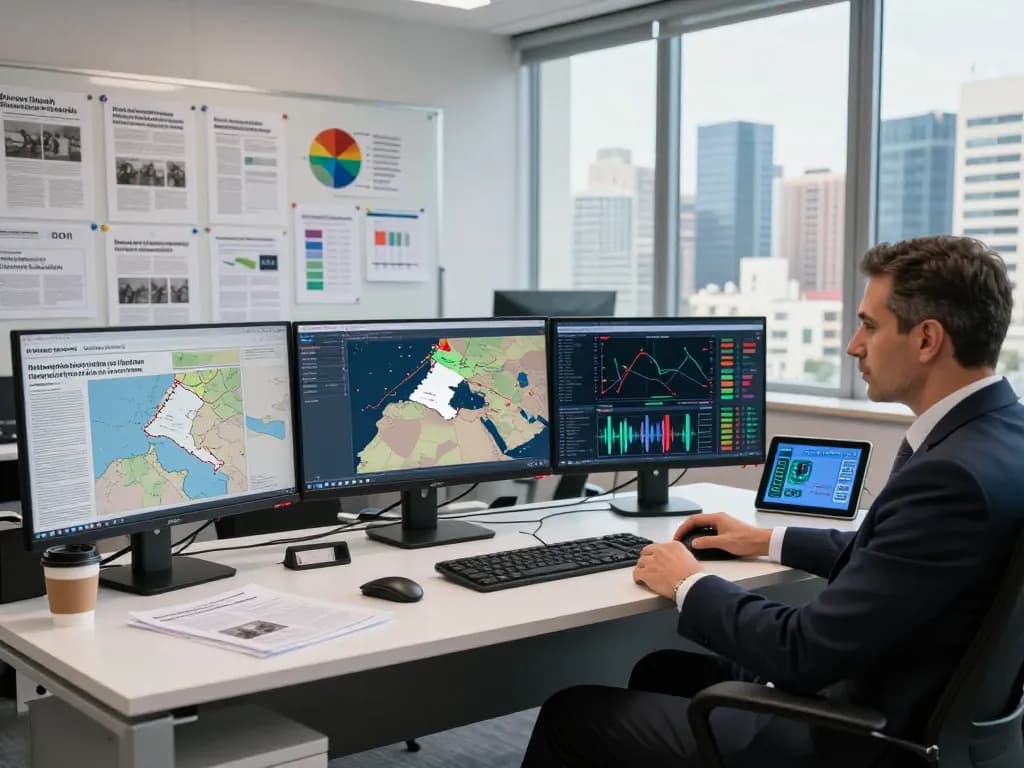 Strategic analyst examining data on Hezbollah's military activities in a modern office setting