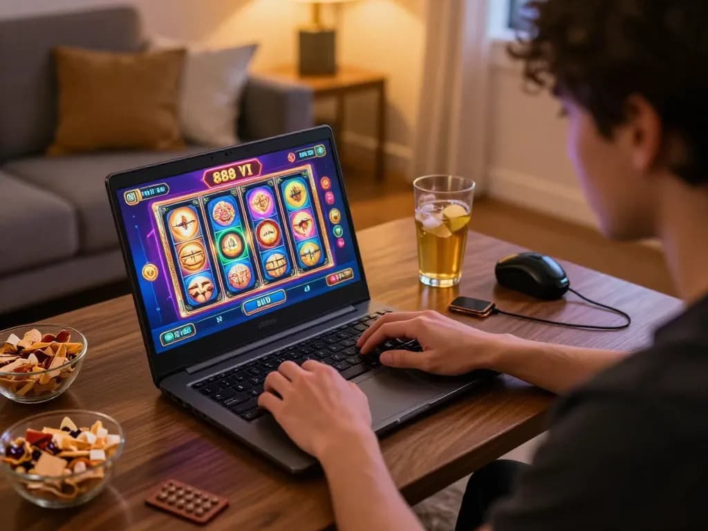Player engaging with 888 VI slot game on laptop in cozy setting.