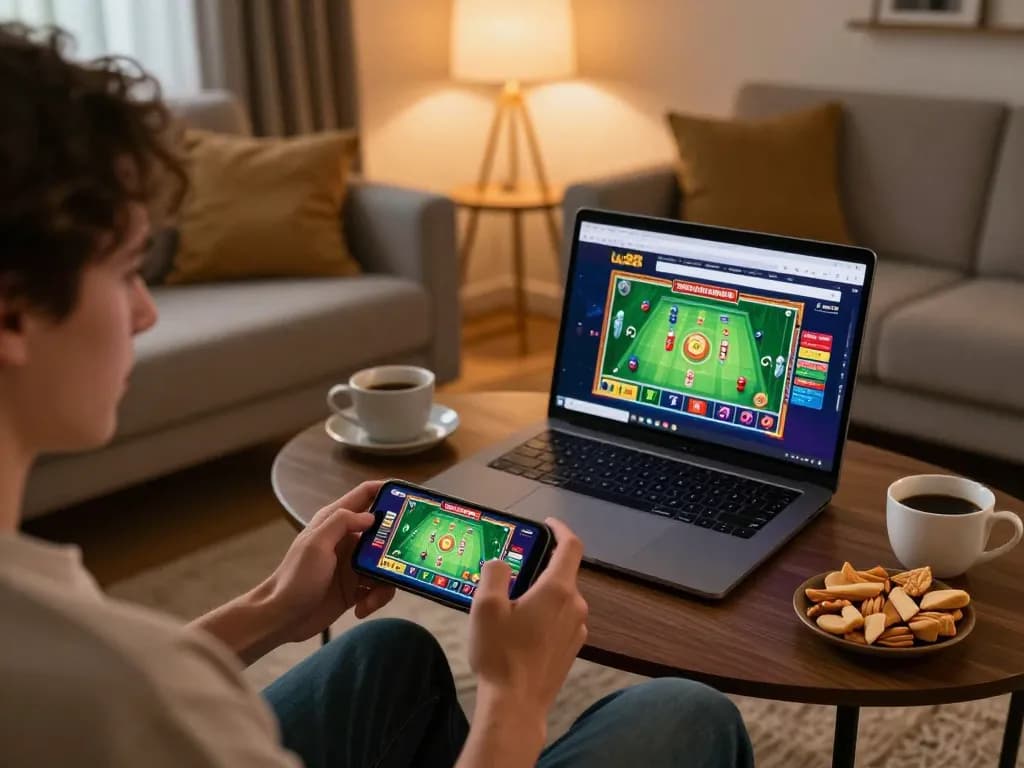 Player enjoying online gaming at uu88 on smartphone with cozy home atmosphere