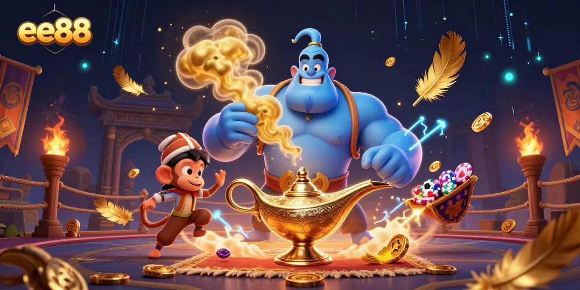 Engage with thrilling moments at ee88, where a genie, monkey, and magic carpet create a vibrant casino scene.