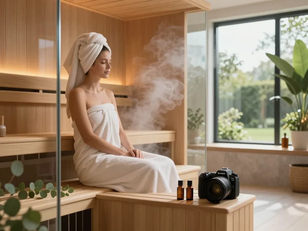 Relaxing in a sauna 3D model with calming decor and ambient lighting.