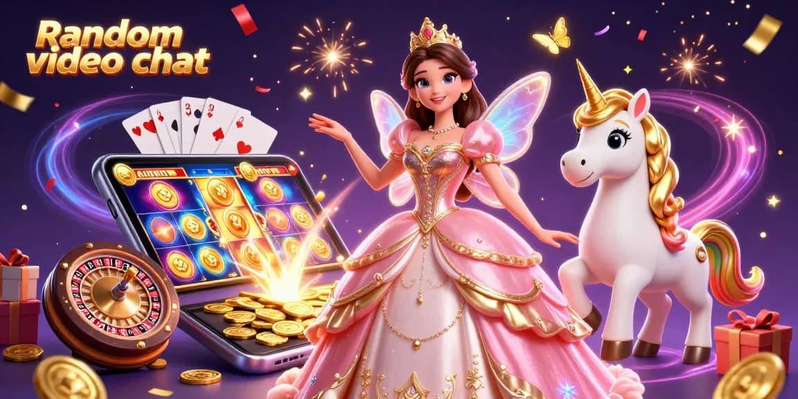 Engage in random video chat with lively characters amid vibrant casino elements and dynamic atmosphere.