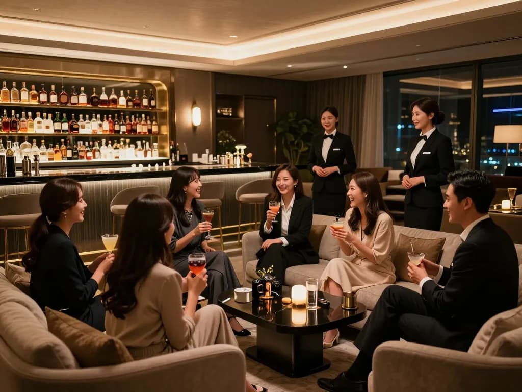 Guests enjoying a sophisticated night out at 강남쩜오 lounge, surrounded by elegant decor and premium drinks.