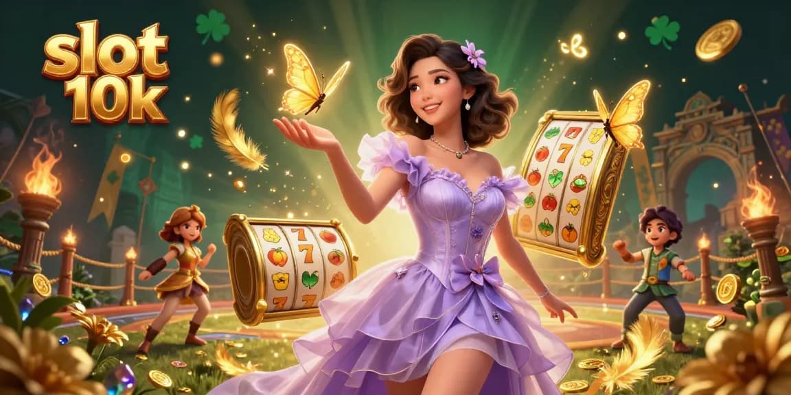 Experience excitement with slot 10k, featuring a stunning illustration of an Asian woman with golden butterflies and dynamic casino elements.