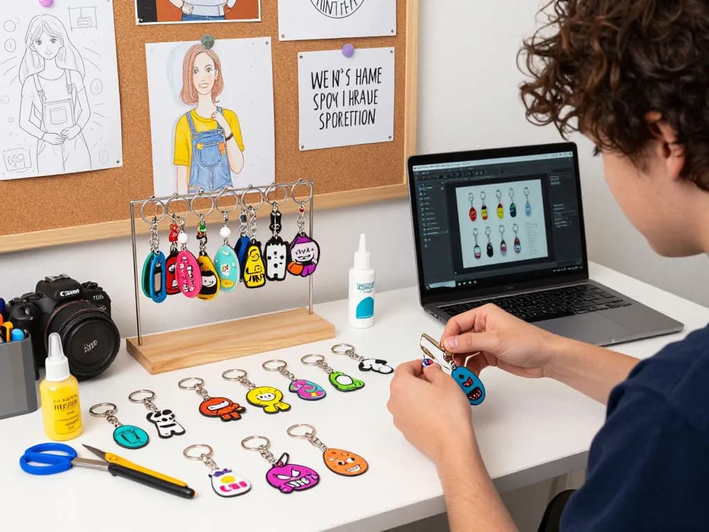 Creative artist designing custom key chains in a vibrant workspace.