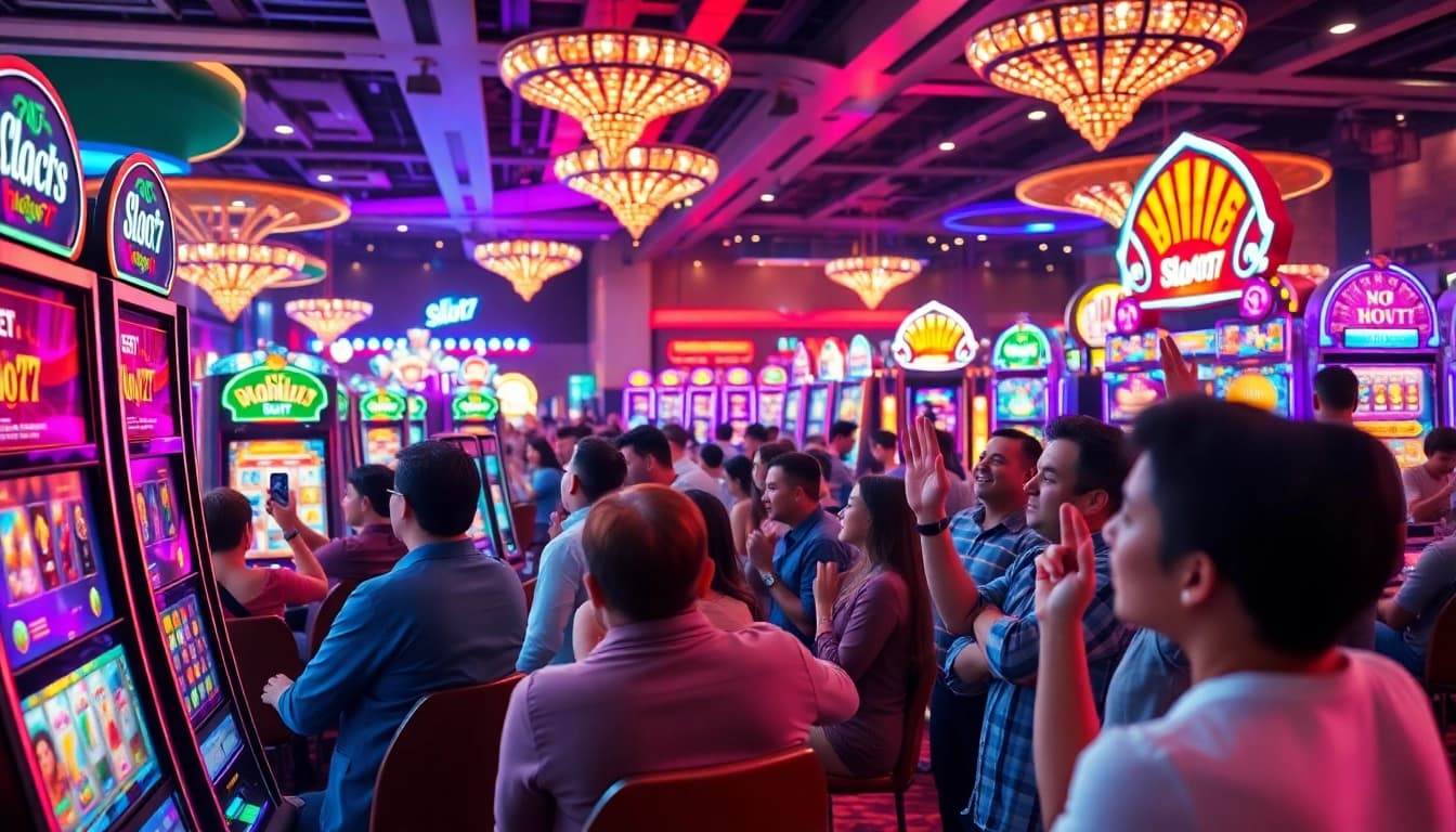 Permainan Slot77 yang menarik perhatian dengan pemain yang antusias di kasino virtual.