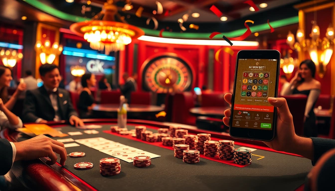 Win big with kk win bet as players celebrate around a luxurious poker table in a vibrant casino.