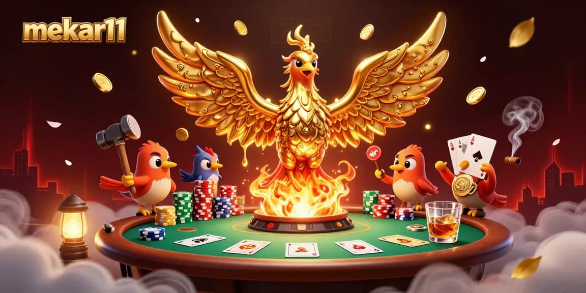 Mekar11 illuminates a dynamic gaming scene with molten metal phoenix and poker elements, showcasing thrilling casino action.