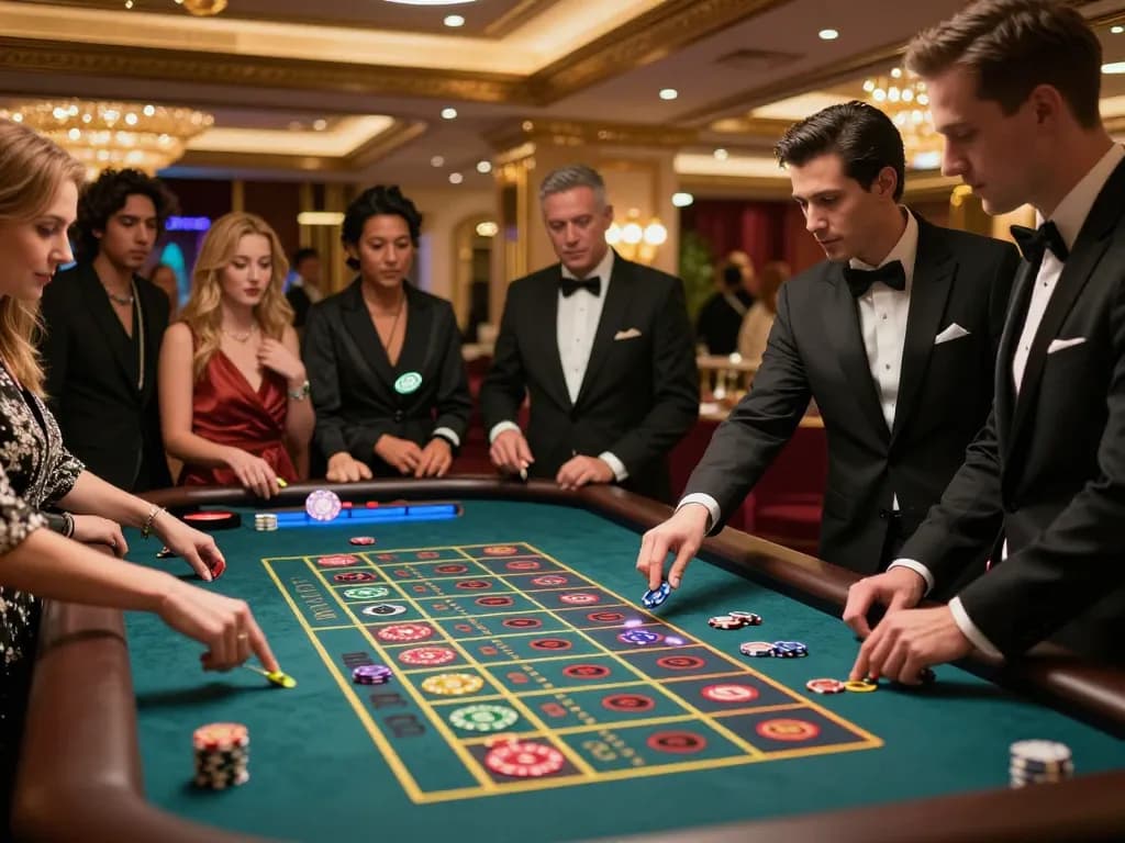 Thabet players eagerly betting at a luxurious roulette table, capturing the excitement of casino gaming