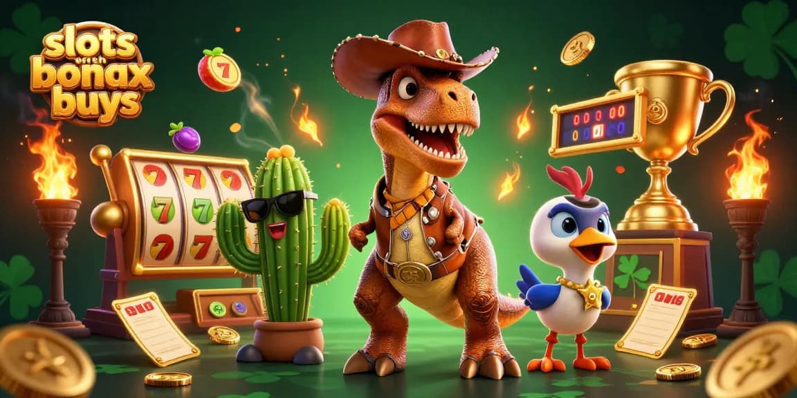 Engage with slots with bonus buys through an exciting 3D cartoon scene of characters and vibrant casino elements.
