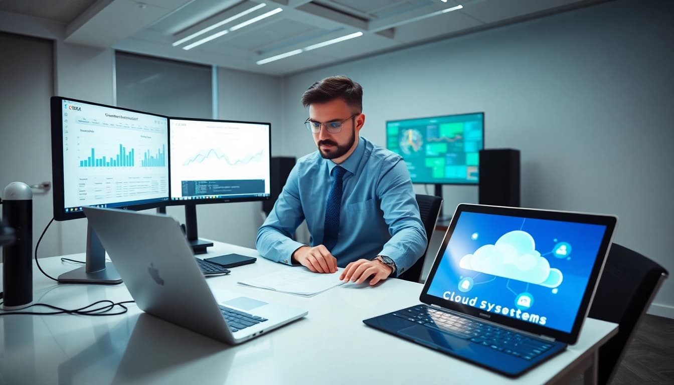 Delivering managed IT service solutions from a modern workspace equipped with advanced technology.
