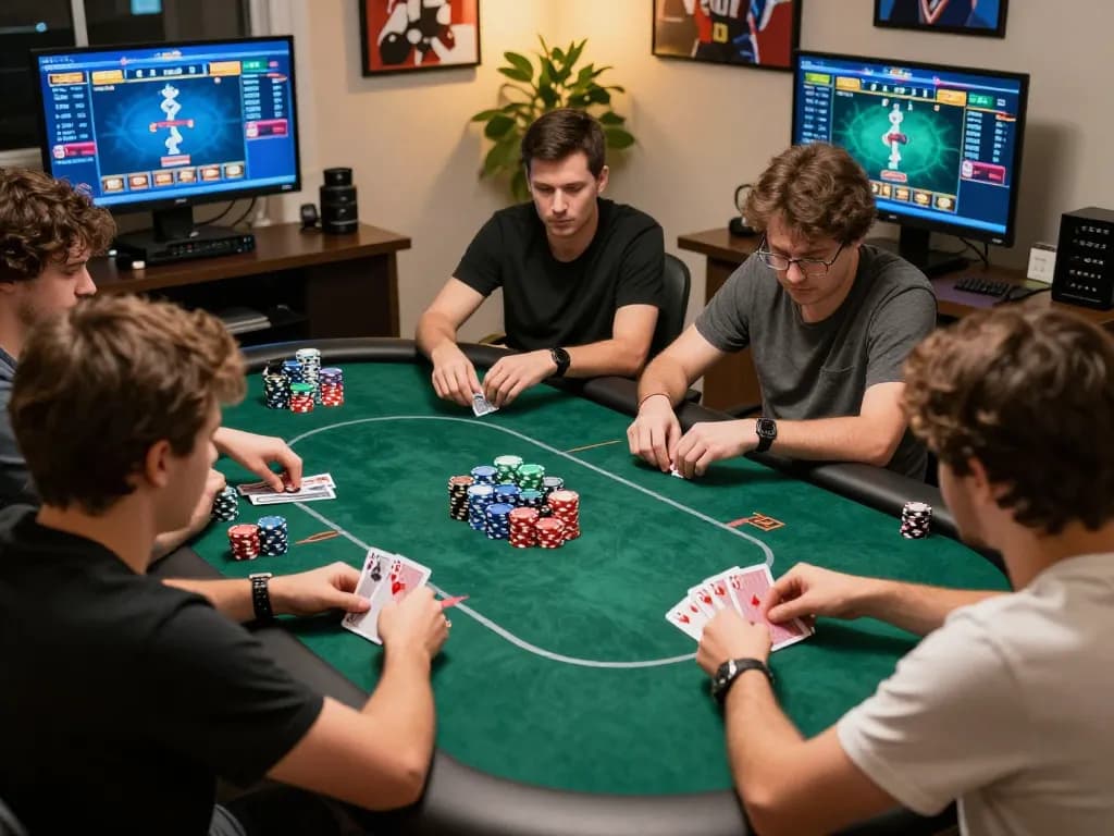 Players strategizing during an online poker game, exhibiting deposit action for enhanced gameplay.
