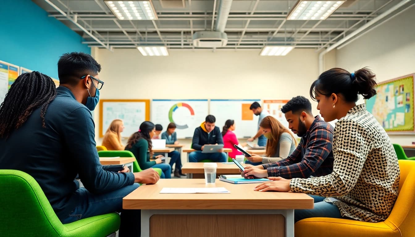 Engaged learners participating in workforce education activities in a vibrant classroom.