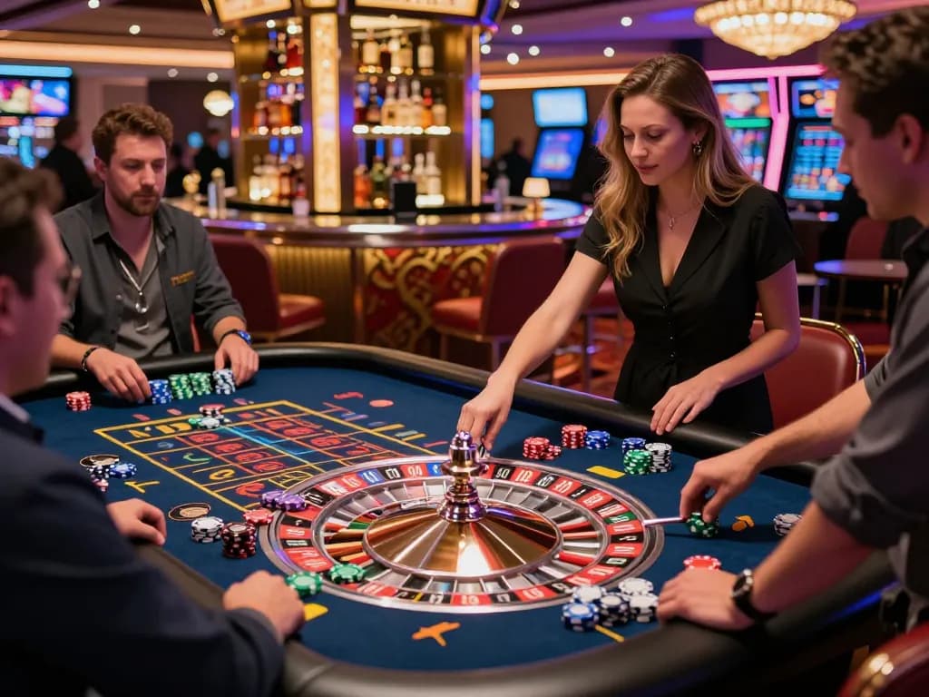 Experience the thrill of casino gaming at winstrike69 with players engaged at a roulette table.