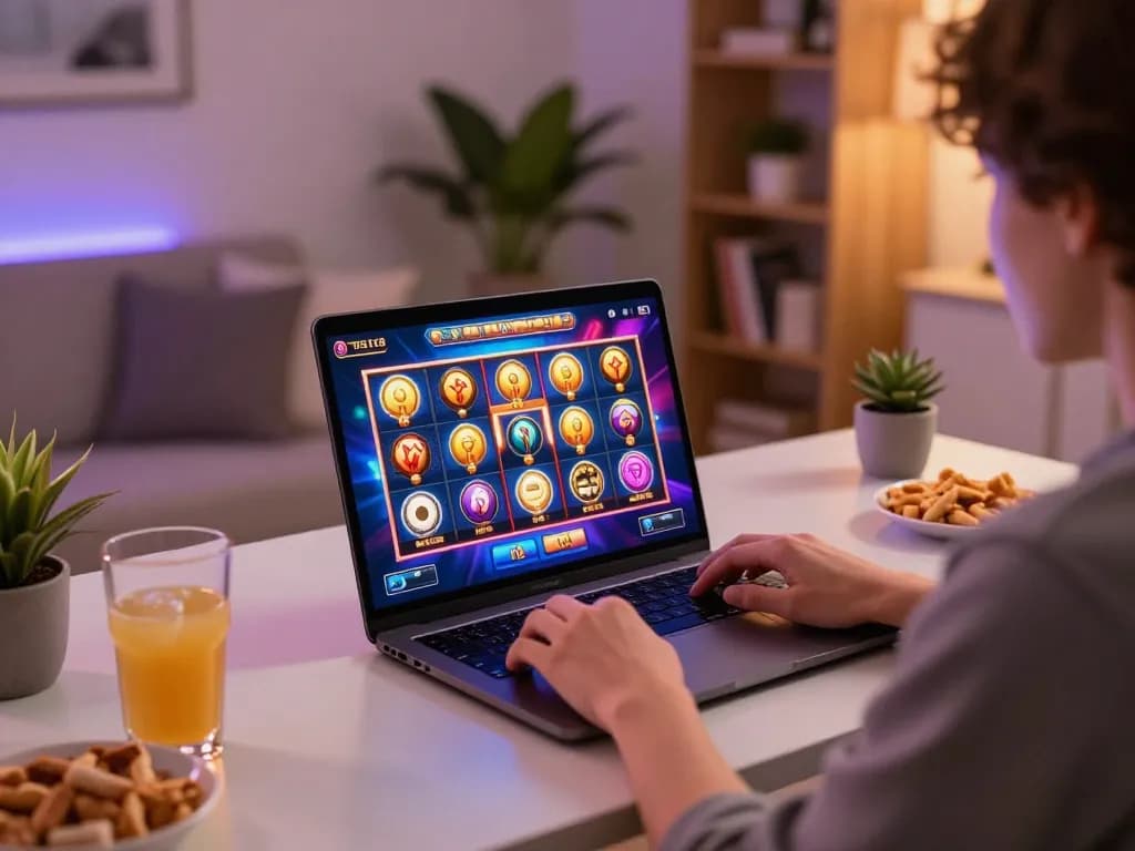 Player enjoying online slot games on a laptop in a cozy home environment with vibrant visuals