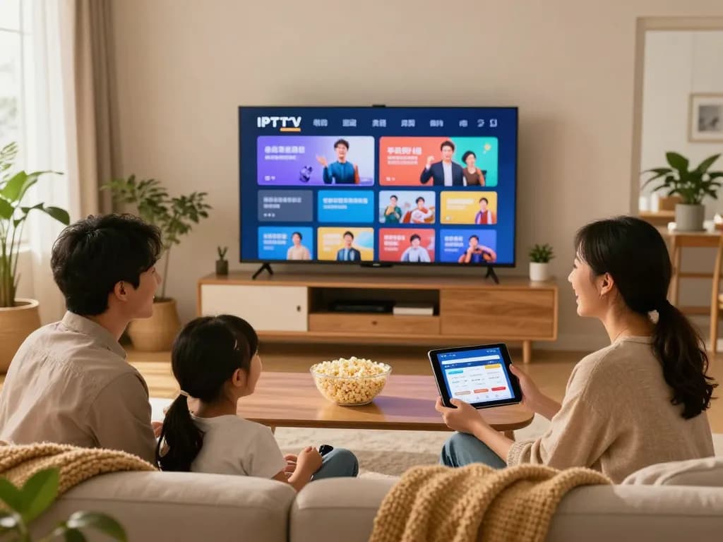 Gezin geniet van IPTV TV in een gezellige woonkamer met een slimme TV die streamt.
