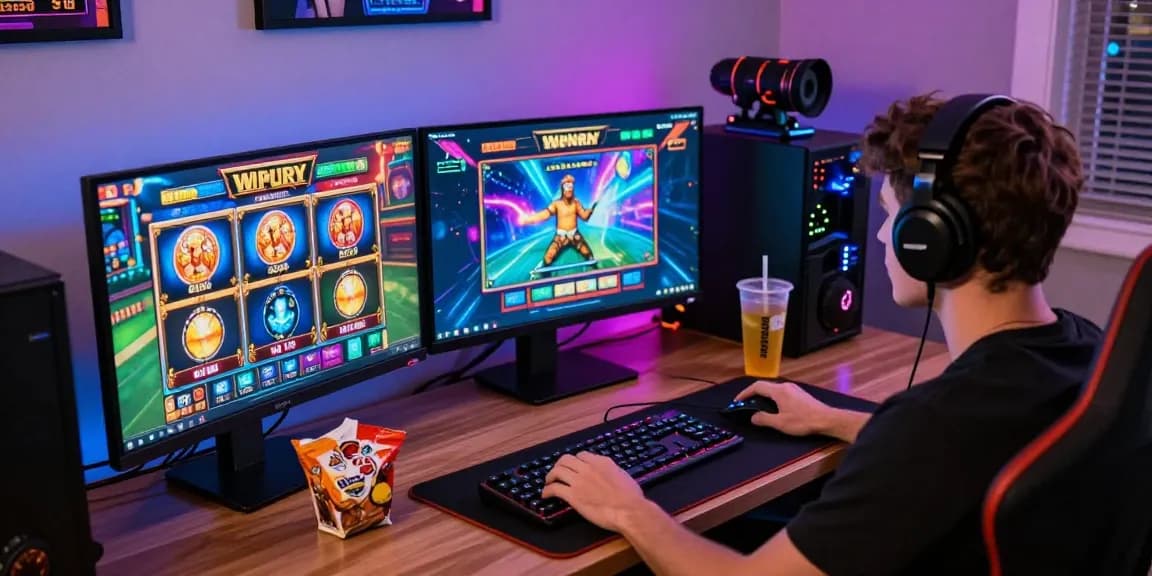 Exciting slot depo 1k gaming setup on a modern desk with vibrant games and accessories.