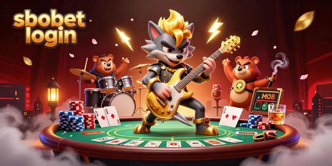 Engaging sbobet login graphic showcasing animated characters and poker elements in a vibrant casino scene.
