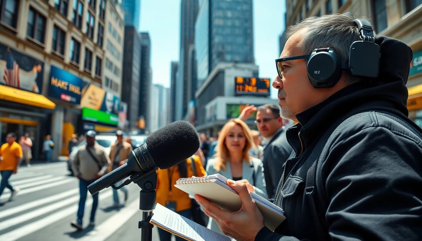 Engaging news journalist capturing an interview in a vibrant urban scene.