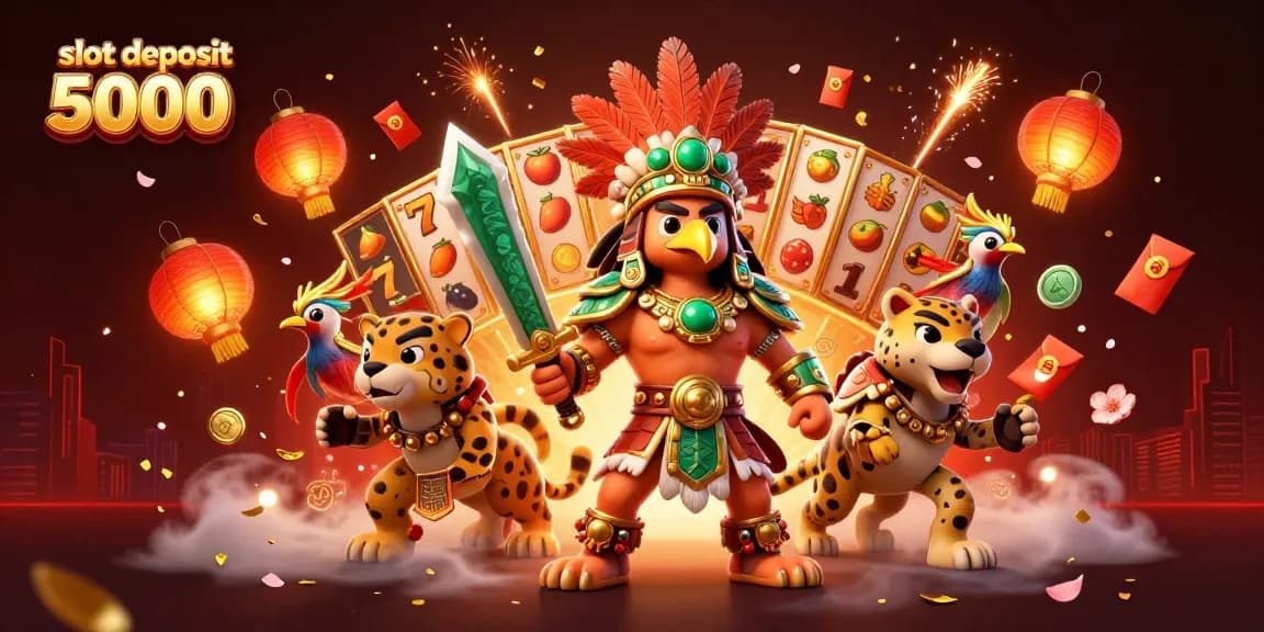 Experience the excitement of slot deposit 5000 with vibrant characters and game elements in this dynamic casino illustration.