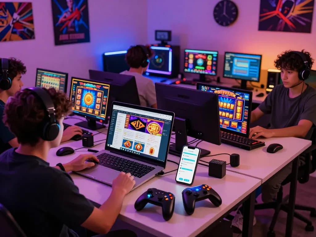Exciting gaming atmosphere visualizing the POPOTOGEL: Situs Toto Slot Gacor Depo 10k Via Qris & Slot777 Gampang Menang Hari Ini 2026 with players interacting on devices.