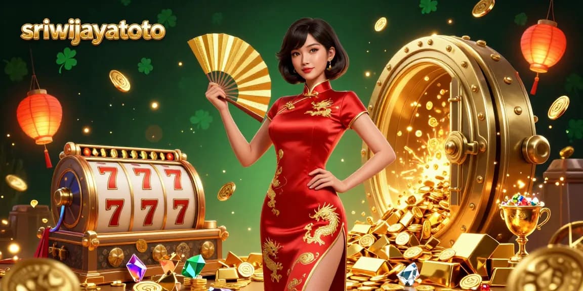 Sriwijayatoto showcases an immersive 3D casino scene with vibrant slots and gold treasures.