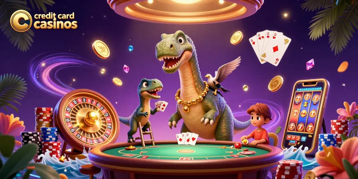 Experience excitement at credit card casinos with a dynamic 3D casino scene featuring gaming elements.