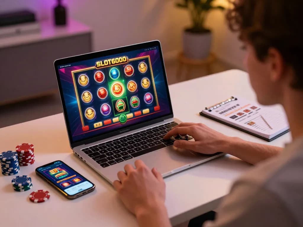Experience SLOT6000 with an engaging online gaming setup showcasing vibrant slot gameplay on a laptop